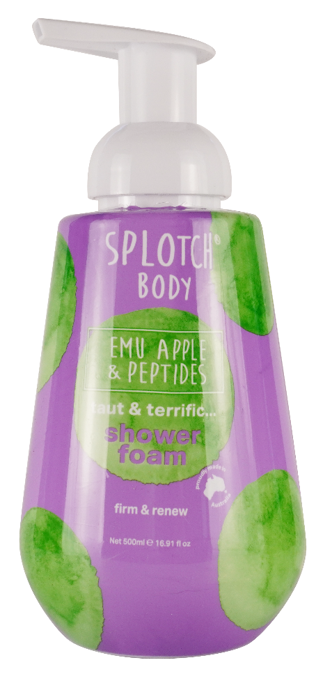 Purple and green shower foam with a pump labeled 'Splotch Body' on a white background