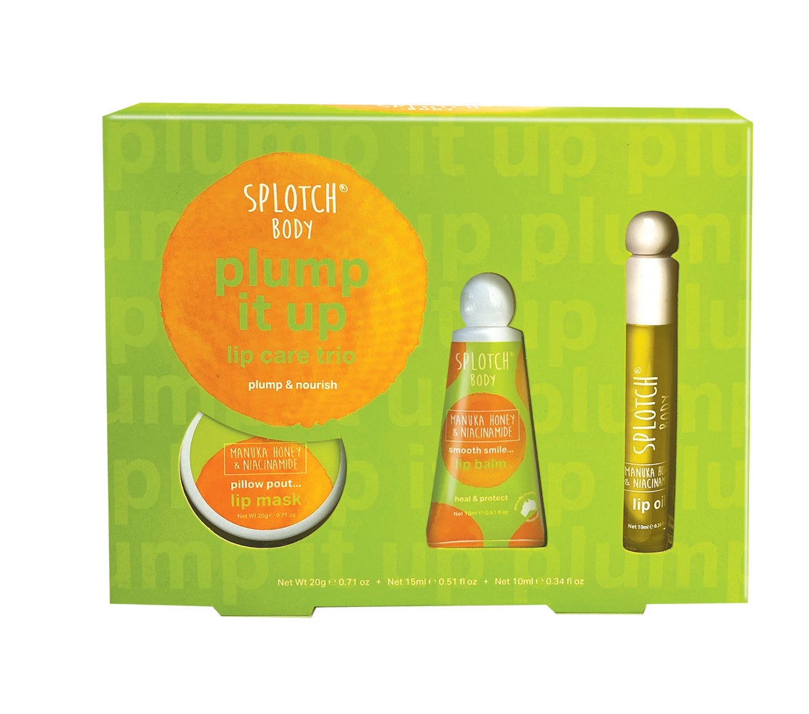 Splotch Body lip care set packaging with two lip products on a green background