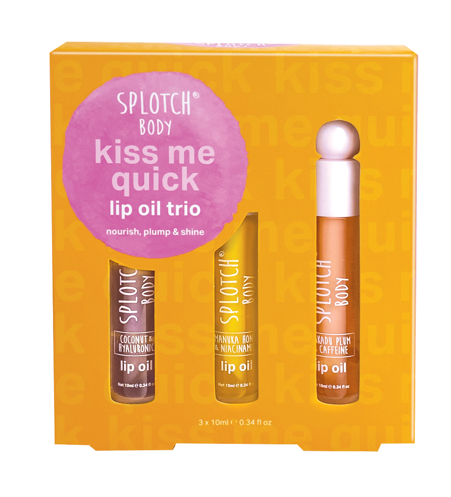 Splotch Body Kiss Me Quick lip oil trio packaging on a white background