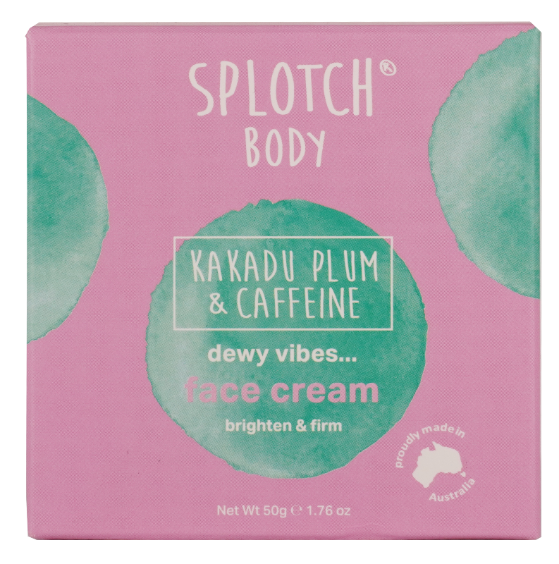 Splotch Body Kakadu Plum & Caffeine face cream packaging on a pink background