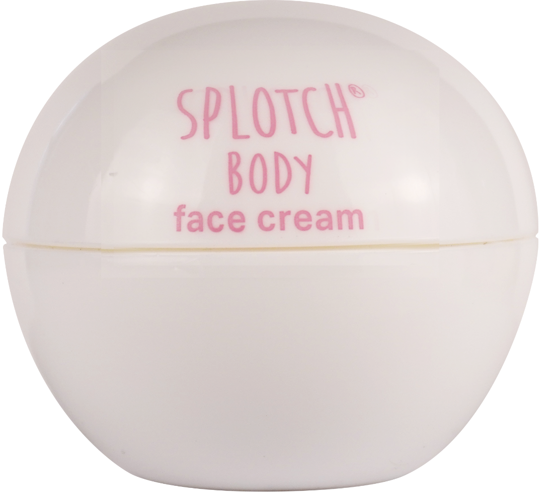 White container of Splotch Body face cream with pink text on a white background