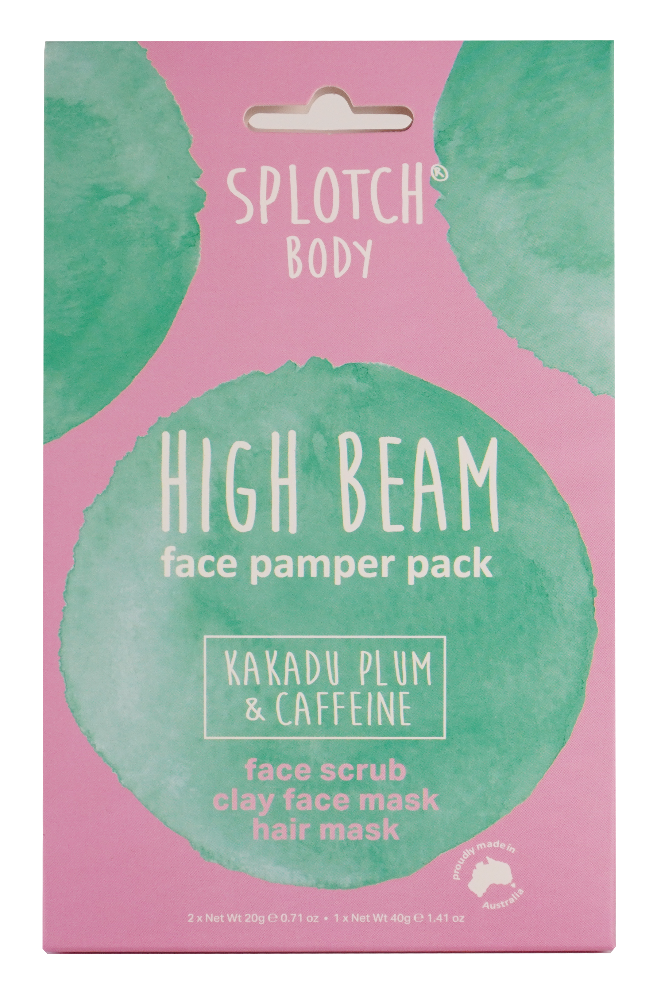 Splotch Body High Beam face pamper pack packaging on a pink background