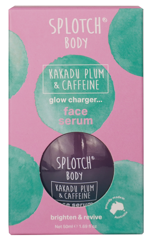 Splotch Body Kakadu Plum & Caffeine face serum packaging on a pink background with green circles.