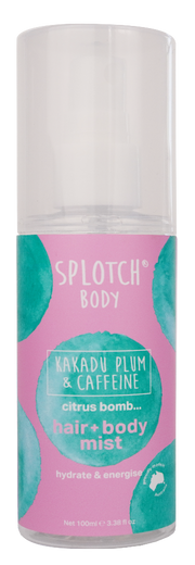 Splotch Body hair and body mist with pink and teal design on a white background