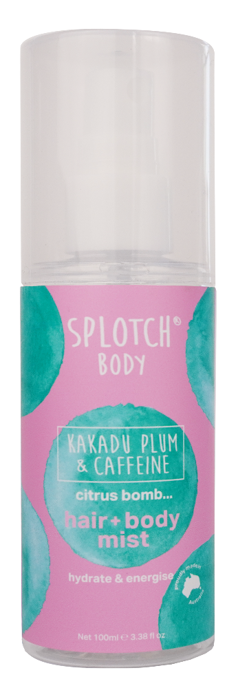 Splotch Body hair and body mist with pink and teal design on a white background