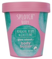 Splotch Body Kakadu Plum & Caffeine body butter container with pink lid and green label.