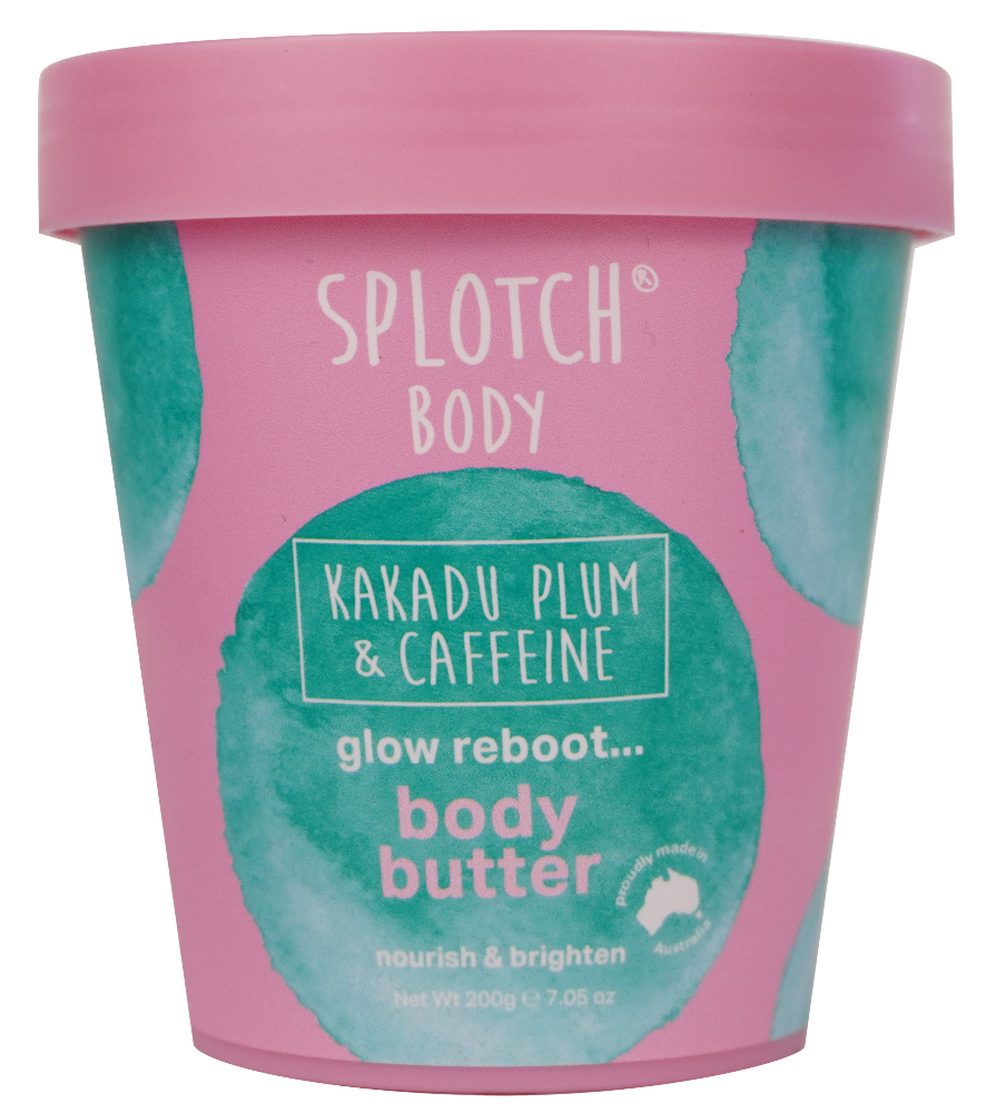Splotch Body Kakadu Plum & Caffeine body butter container with pink lid and green label.