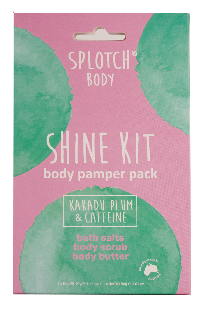 Splotch Body Shine Kit packaging with pink background and green accents