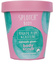 Pink and teal container of Splotch Body Kakadu Plum & Caffeine body scrub on a white background