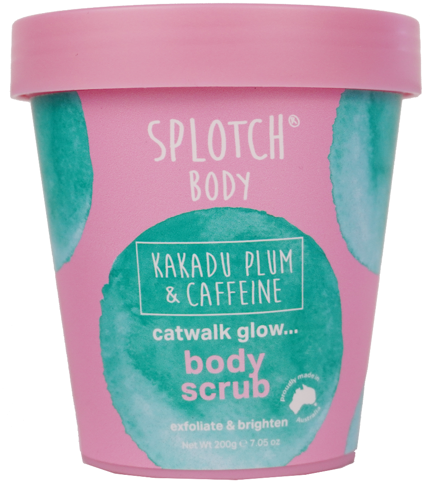 Pink and teal container of Splotch Body Kakadu Plum & Caffeine body scrub on a white background