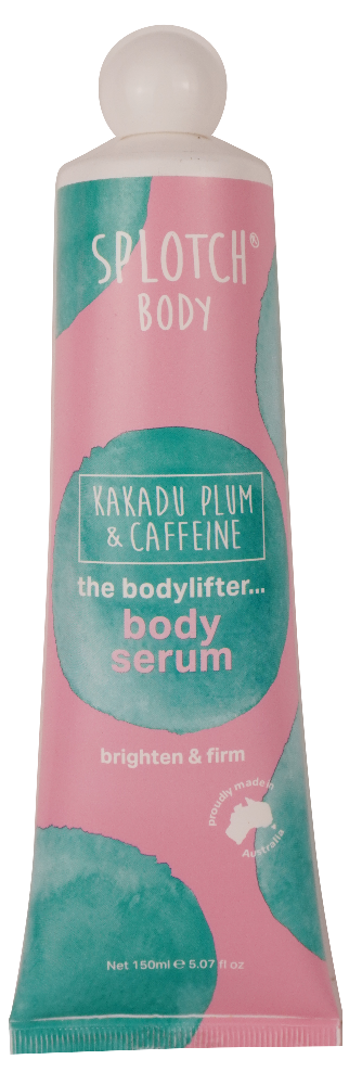 Splotch Body serum tube with pink and green design on a white background