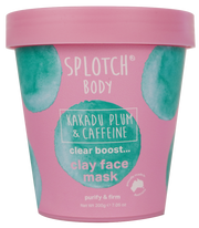Pink and teal Splotch Body clay face mask container on a white background
