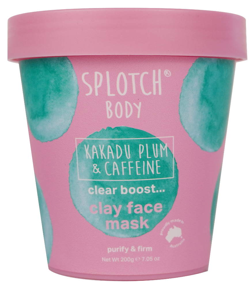 Pink and teal Splotch Body clay face mask container on a white background