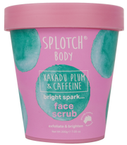 Pink face scrub container with teal accents and 'Splotch Body' branding on a white background