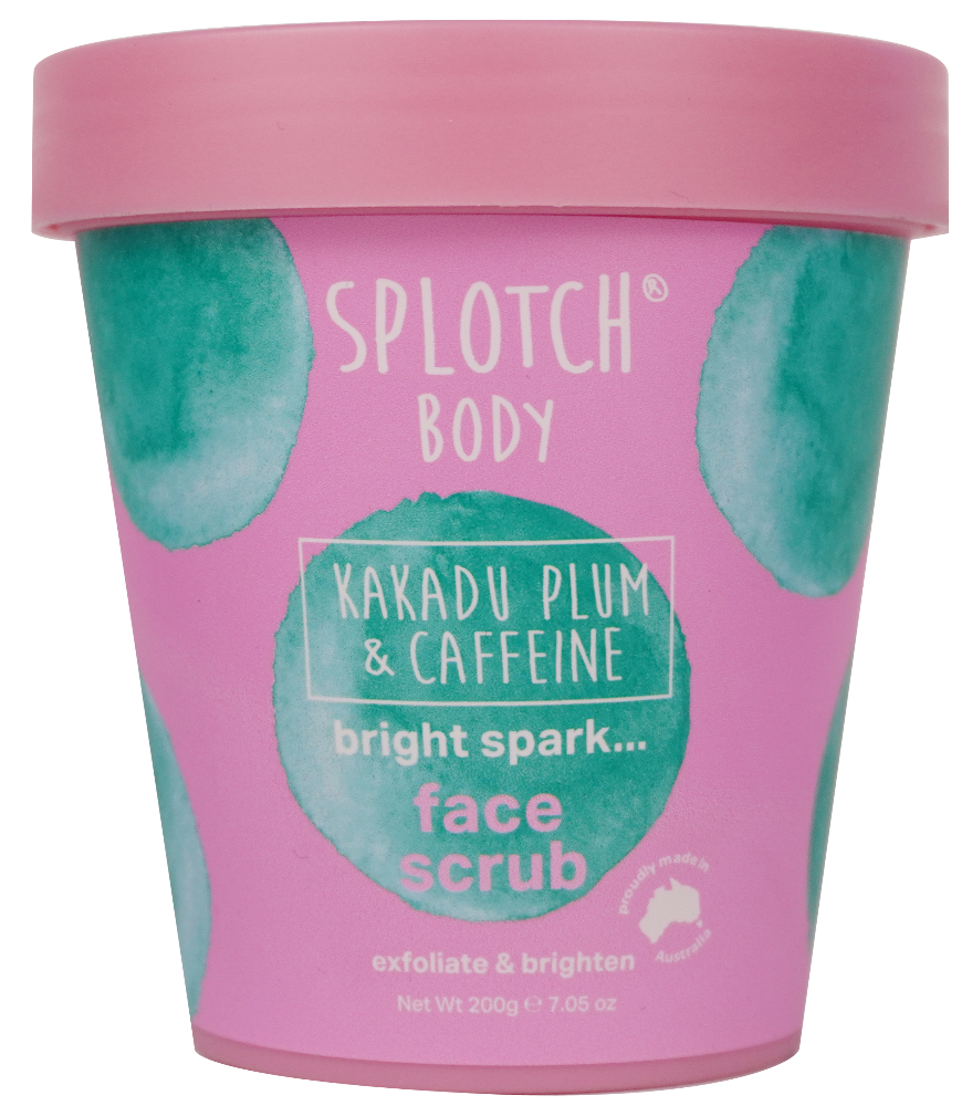Pink face scrub container with teal accents and 'Splotch Body' branding on a white background