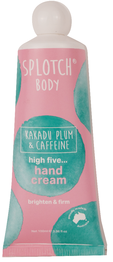 Splotch Body Kakadu Plum & Caffeine hand cream tube on a white background