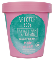 Pink and teal hair mask container with 'Splotch Body' branding on a white background