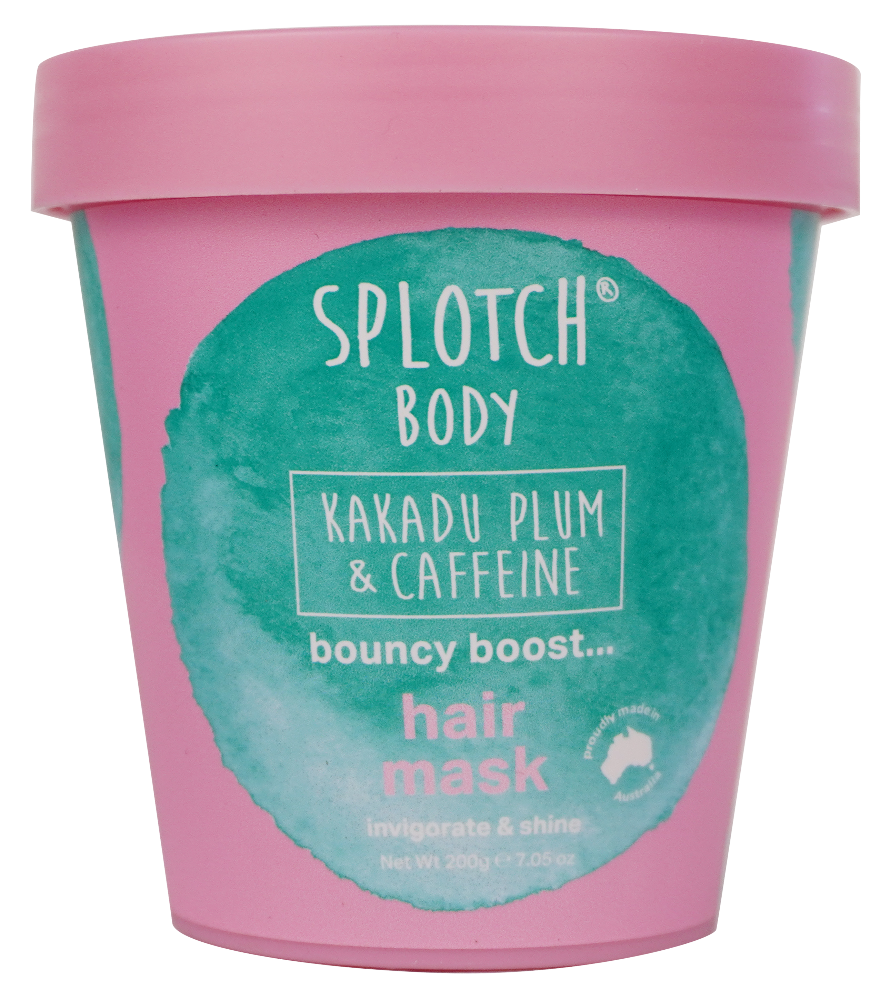 Pink and teal hair mask container with 'Splotch Body' branding on a white background
