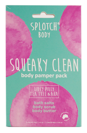 Splotch Body Squeaky Clean body pamper pack with pink and purple design on a teal background