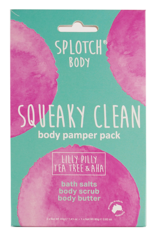 Splotch Body Squeaky Clean body pamper pack with pink and purple design on a teal background