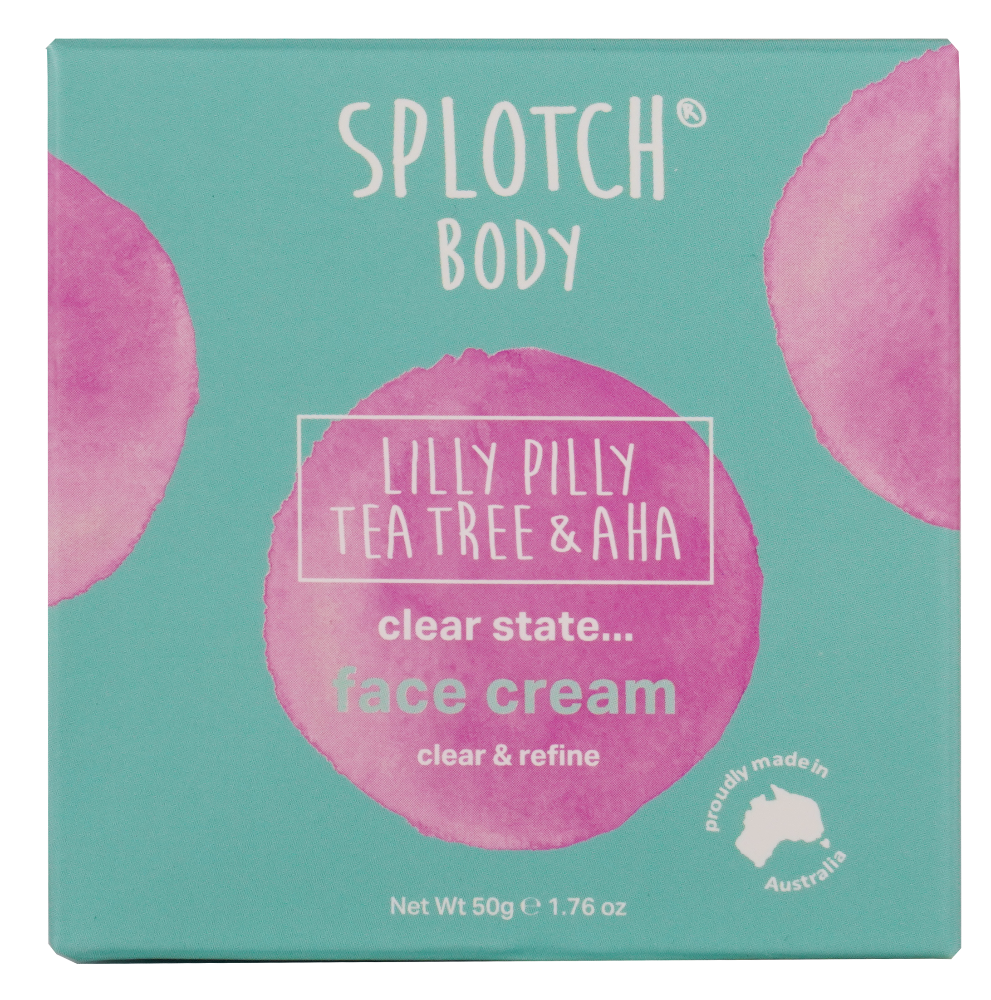 Splotch Body face cream packaging with pink circles on a teal background
