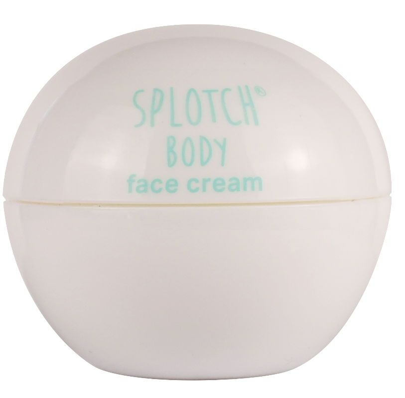 White face cream container with 'Splotch Body' text on a white background