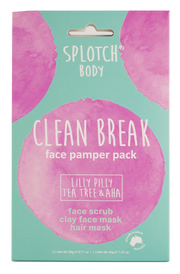Splotch Body Clean Break face pamper pack packaging with pink circles on a teal background