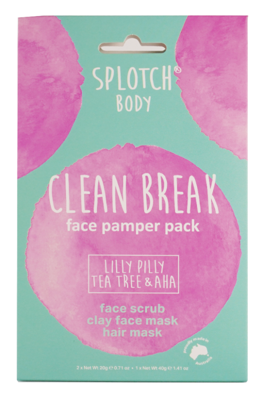 Splotch Body Clean Break face pamper pack packaging with pink circles on a teal background