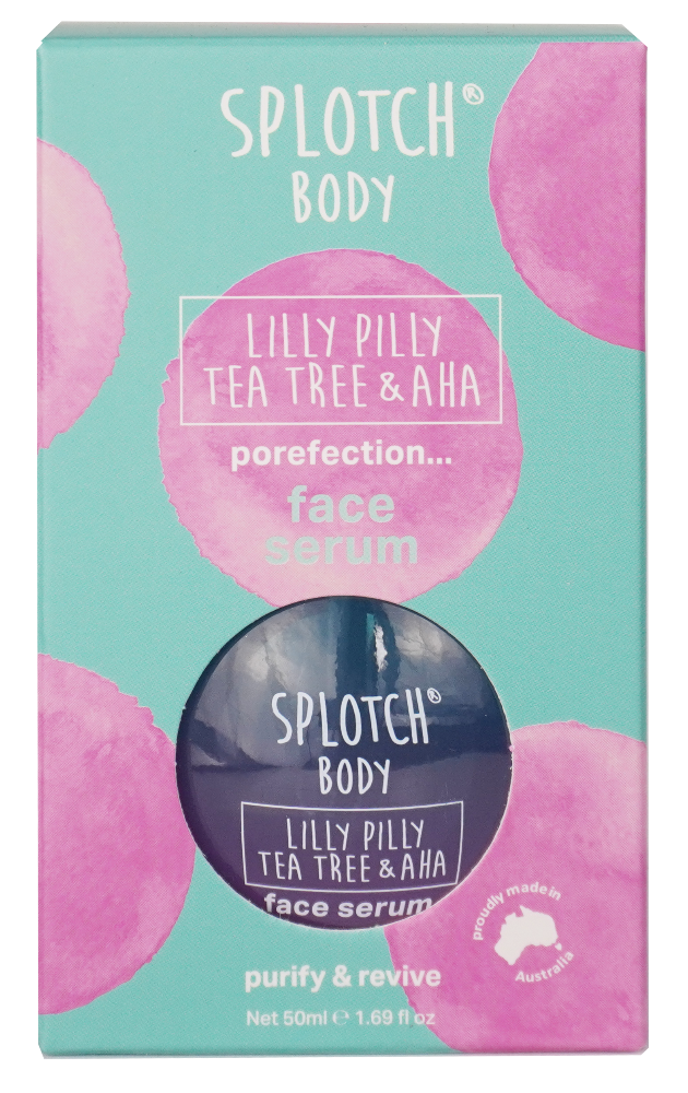 Splotch Body Lilly Pilly Tea Tree & AHA face serum packaging on a light blue background with pink circles.