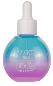 Splotch Body face serum bottle with gradient blue to purple design on a white background
