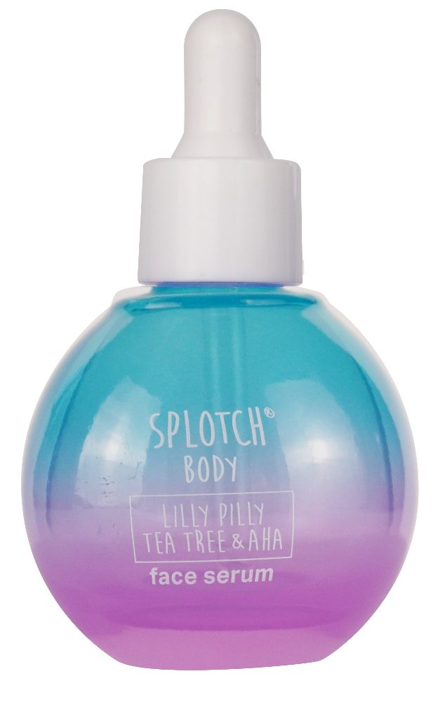 Splotch Body face serum bottle with gradient blue to purple design on a white background