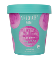 Splotch Body clay face mask container with teal lid and pink labels on a white background