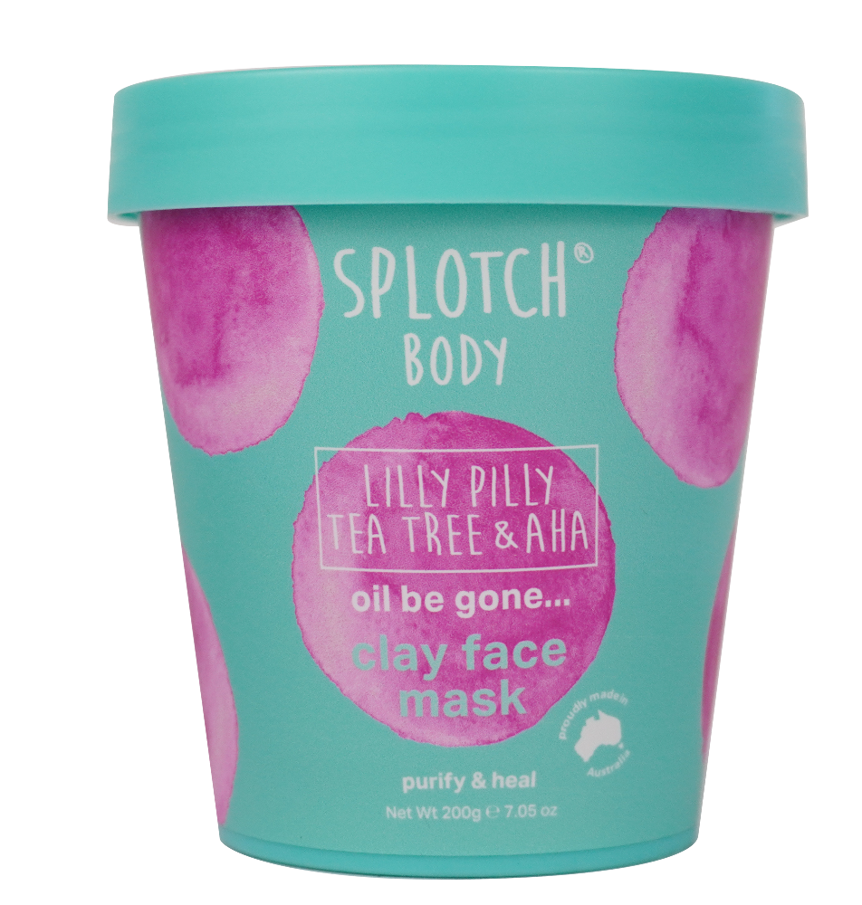 Splotch Body clay face mask container with teal lid and pink labels on a white background