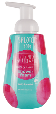 Bottle of Splotch Body shower foam with a pump on a white background