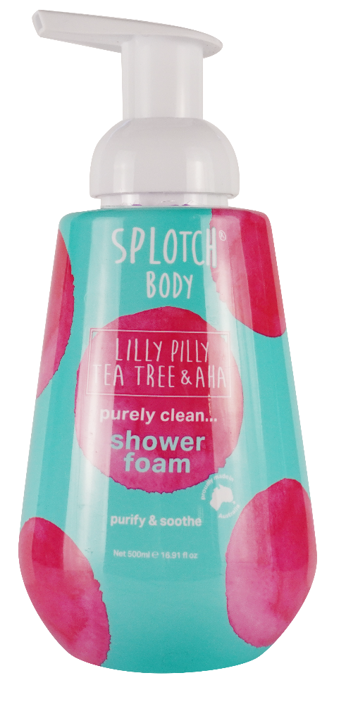 Bottle of Splotch Body shower foam with a pump on a white background