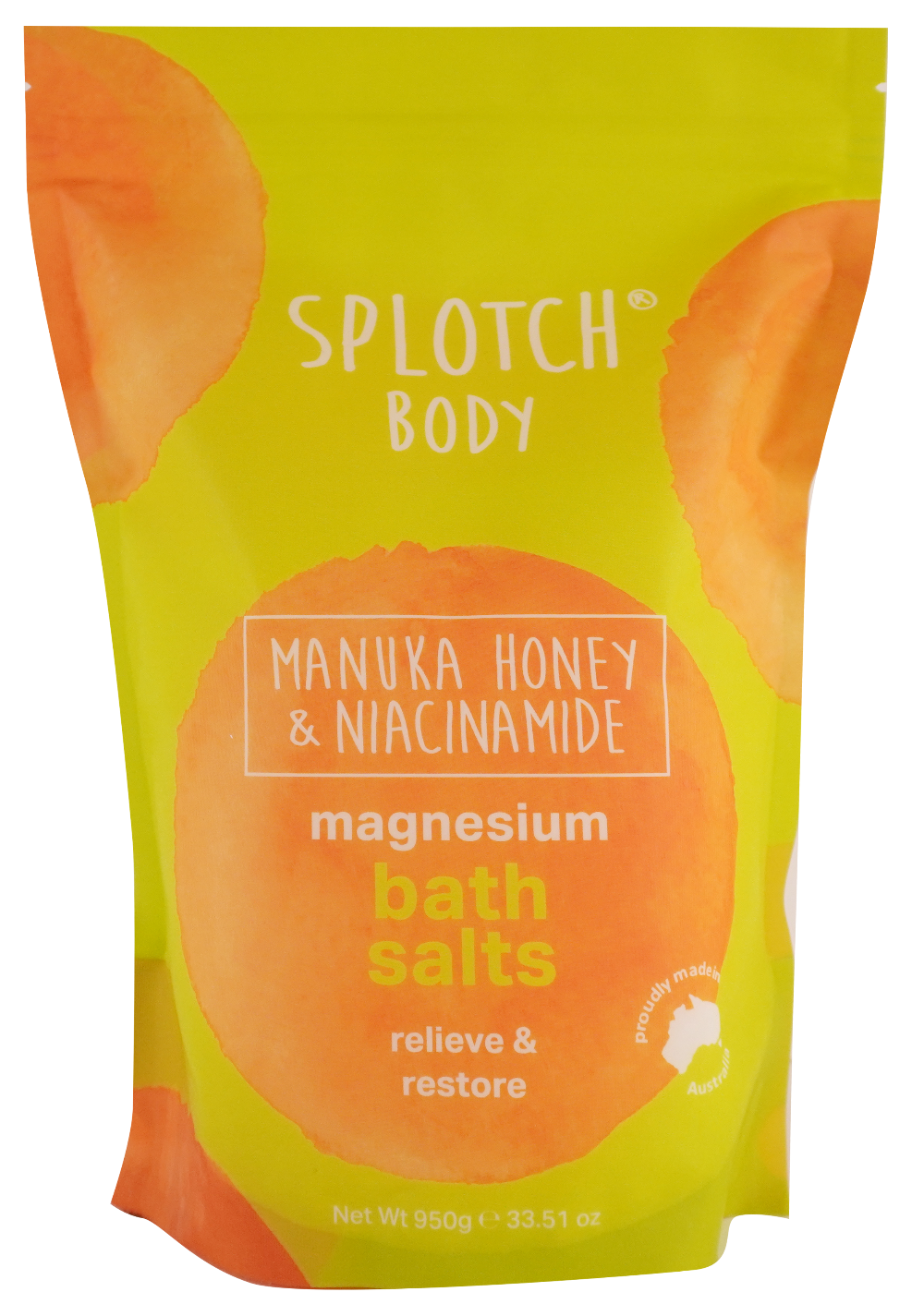 Splotch Body Manuka Honey & Niacinamide magnesium bath salts packaging on a white background