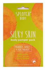 Splotch Body Silky Skin body pamper pack packaging with manuka honey and niacinamide on a green background.