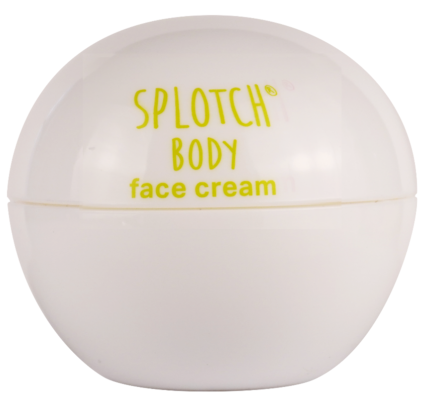 Splotch Body face cream container with yellow text on a white background