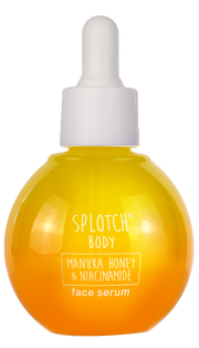 Yellow face serum bottle with dropper labeled 'Splotch Body' on a white background