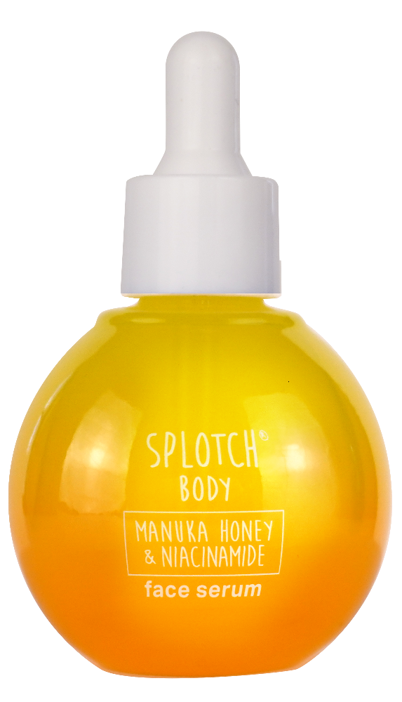 Yellow face serum bottle with dropper labeled 'Splotch Body' on a white background