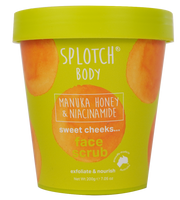 Splotch Body Manuka Honey & Niacinamide face scrub container with yellow lid on a white background