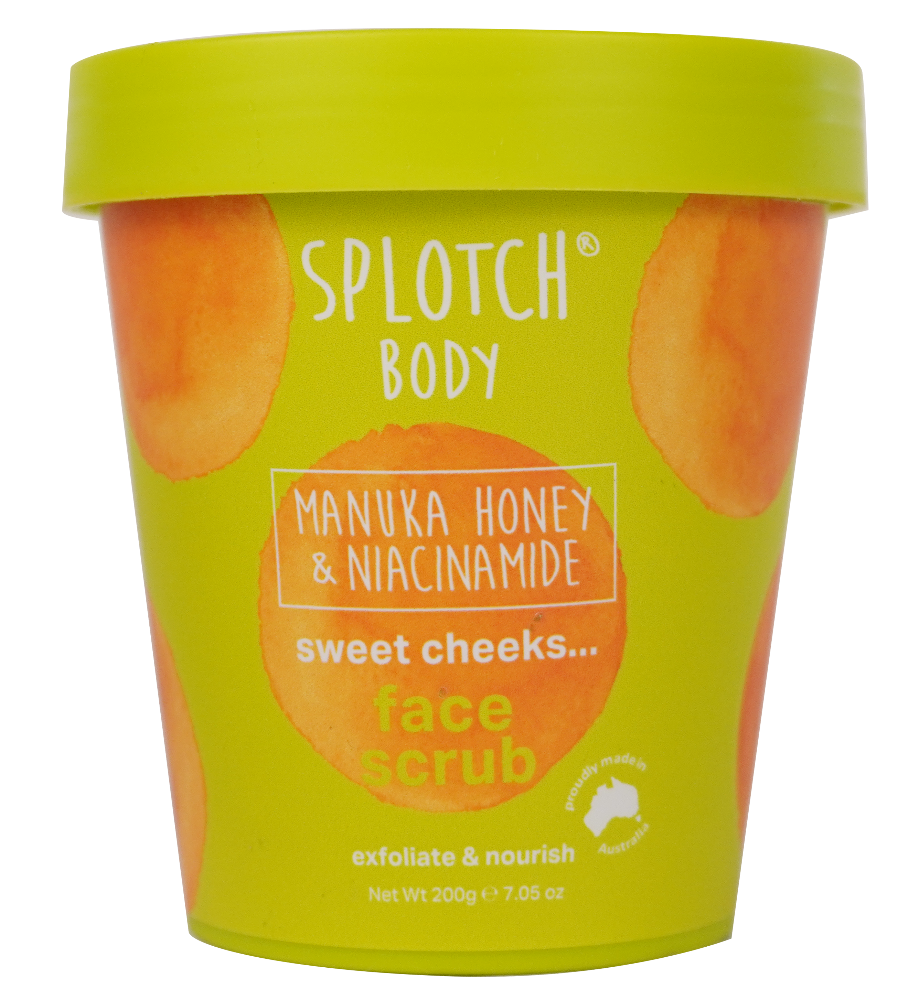 Splotch Body Manuka Honey & Niacinamide face scrub container with yellow lid on a white background
