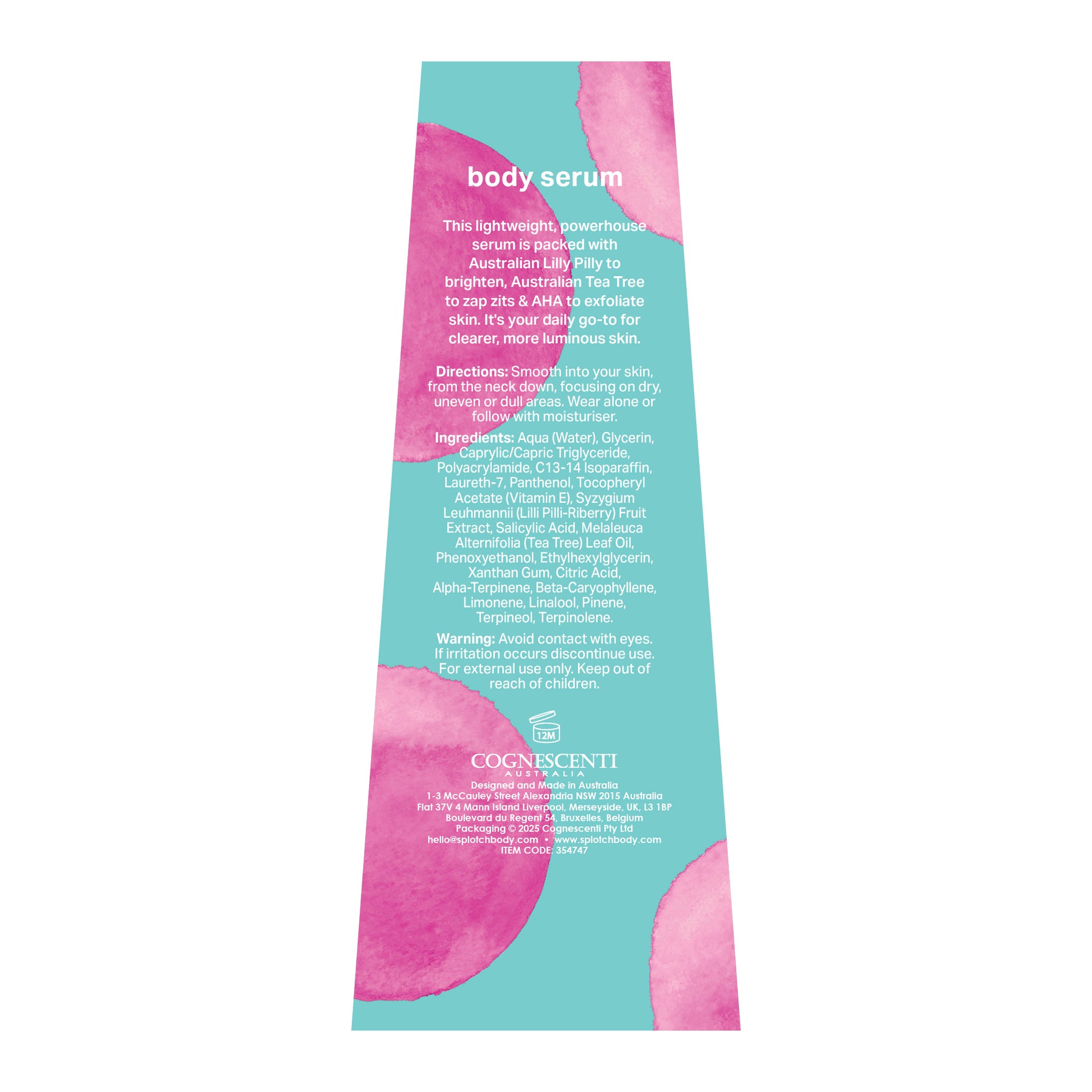 Body serum packaging with pink and blue design on a white background