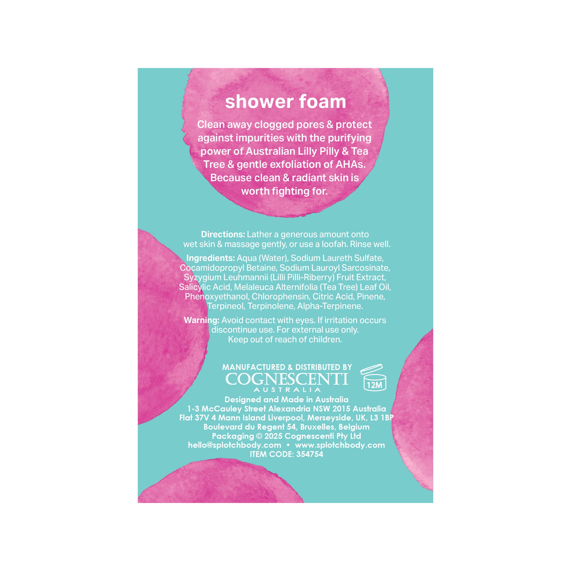 Product label for shower foam with pink circular designs on a teal background