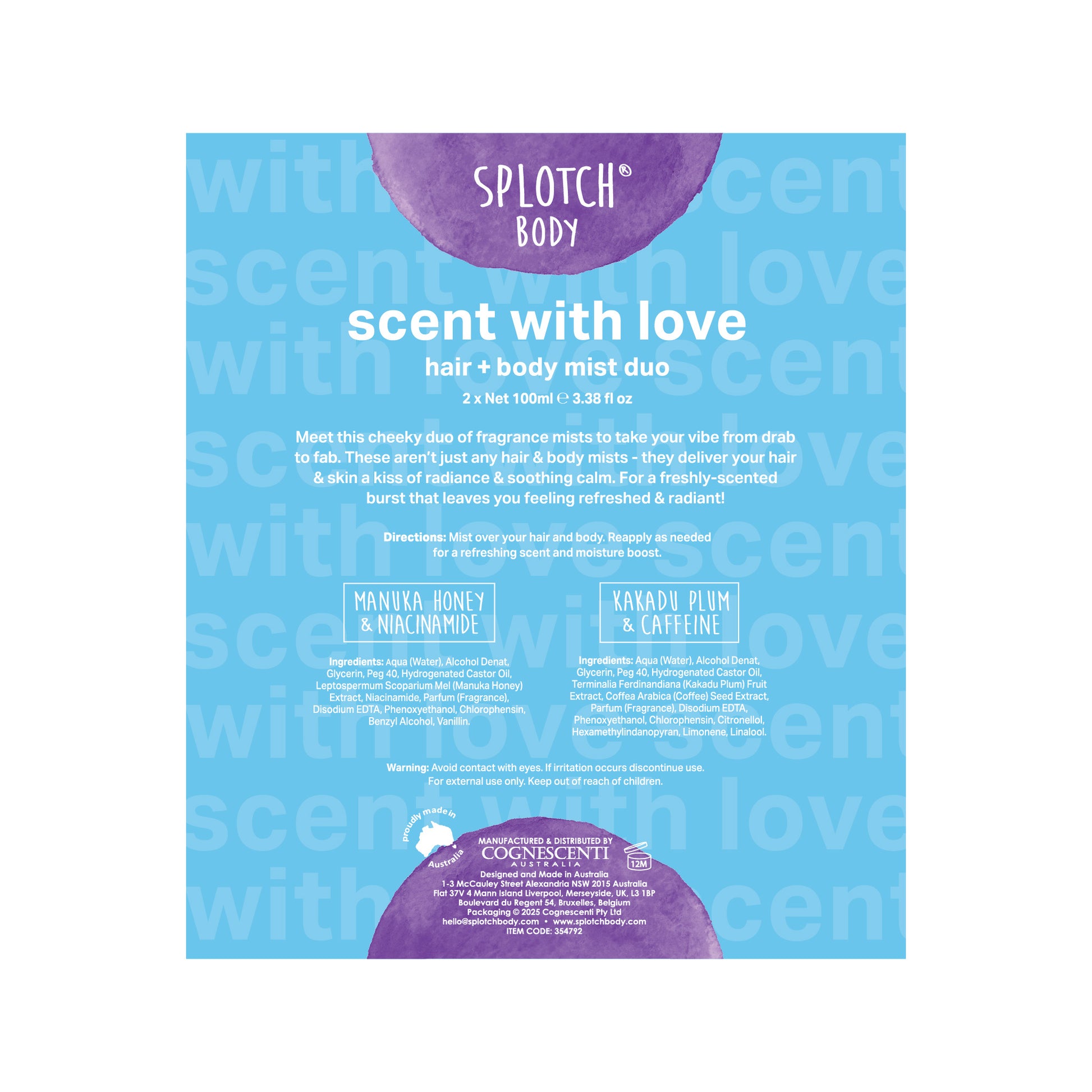 Splotch Body hair and body mist duo packaging with blue and purple design.