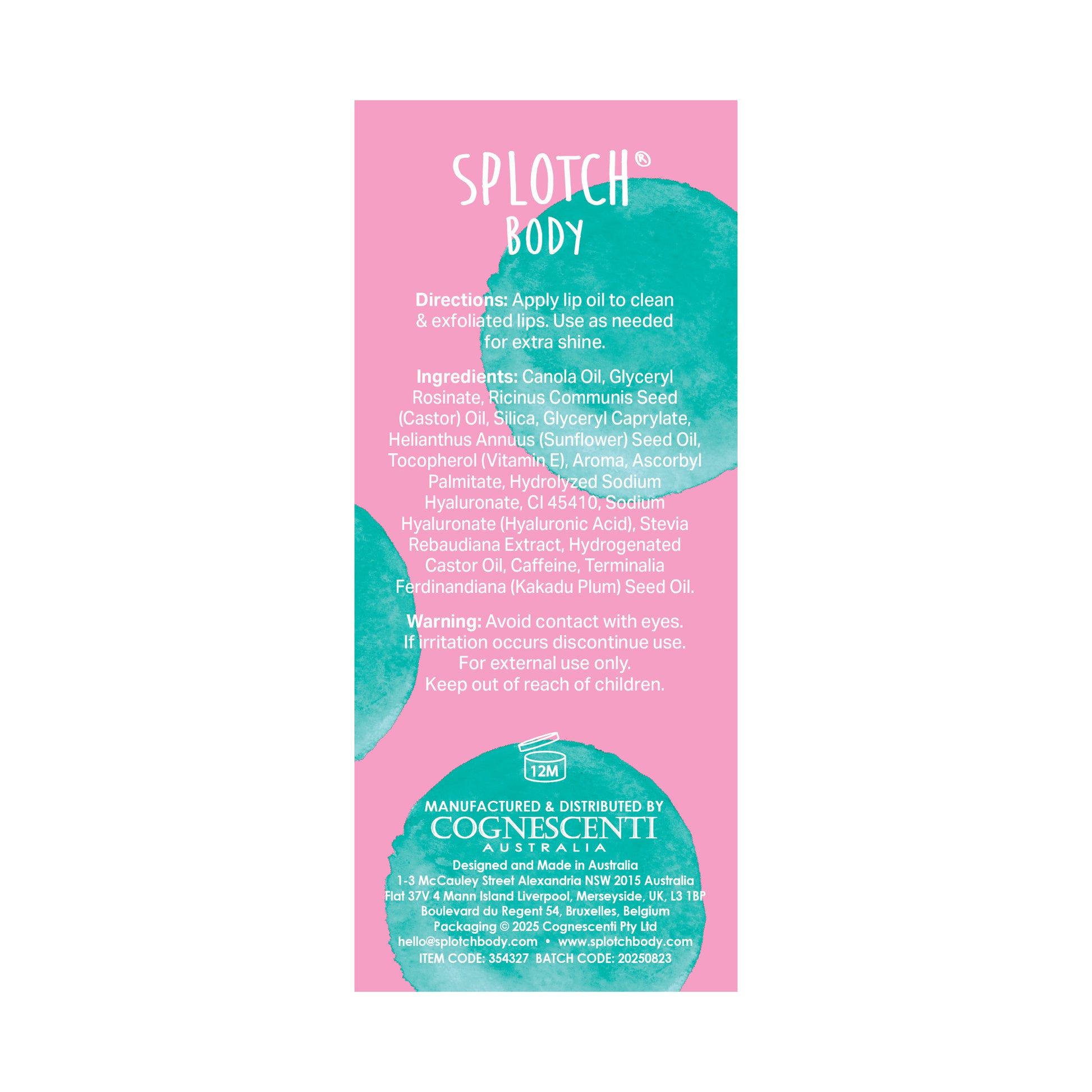 A colorful tube of "Splotch Body" "Lilly Pilly Tea Tree & AHA skin revivalist... body Serum." The text beneath says "purify & illuminate," and a small seal reads "proudly made in Australia." The net volume is 150ml 5.07fl oz.