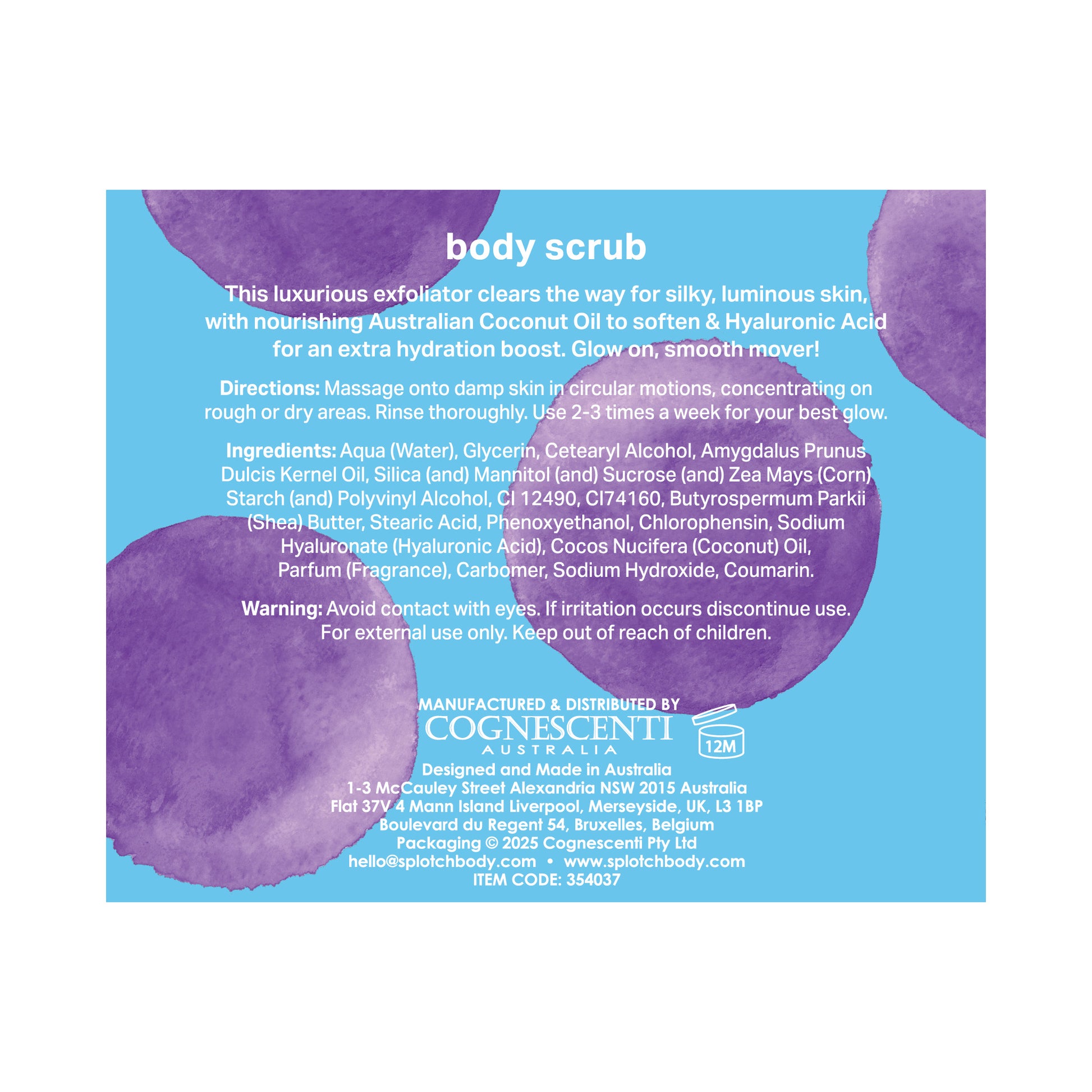 Body scrub packaging with blue and purple design on a white background