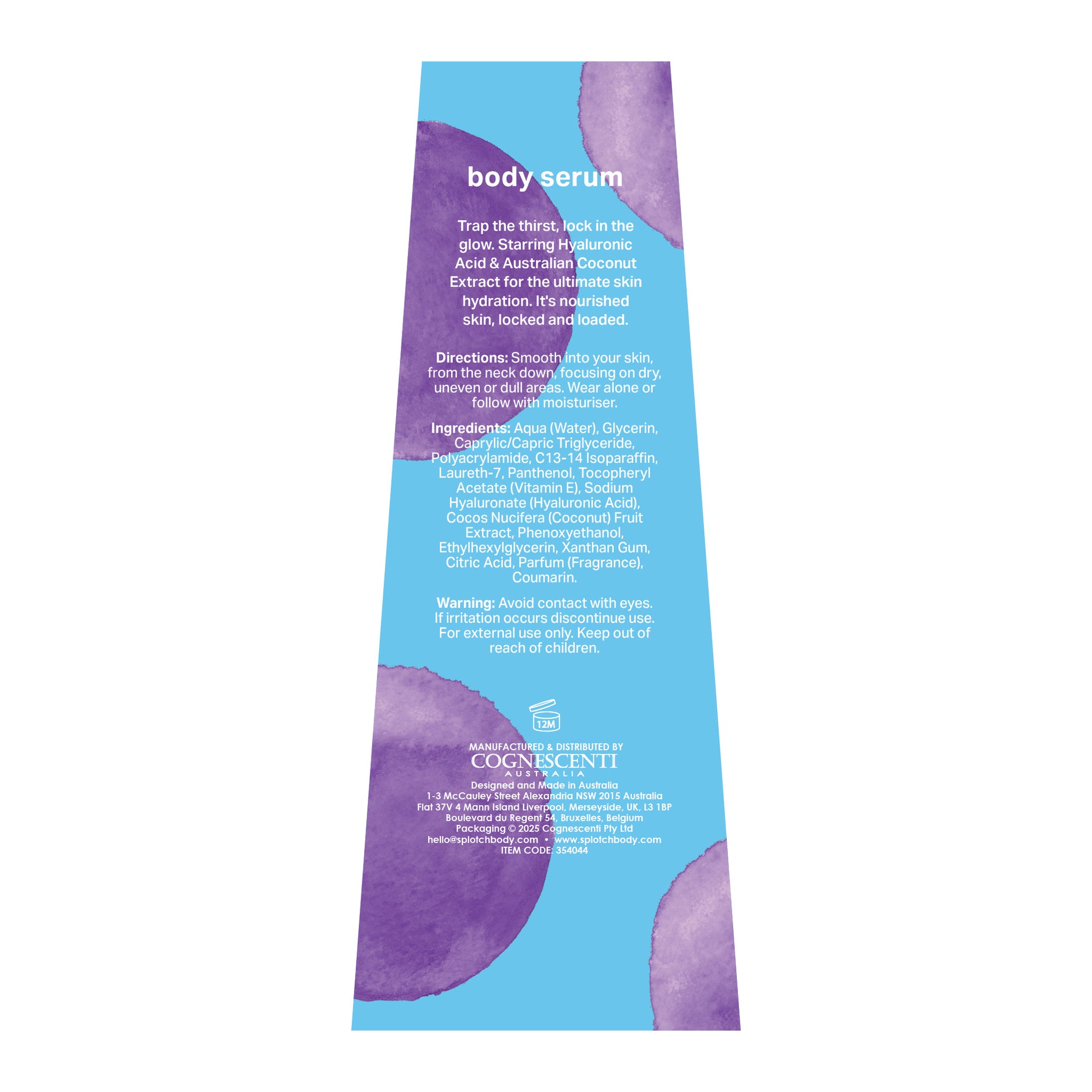 Body serum packaging with purple and blue design on a white background