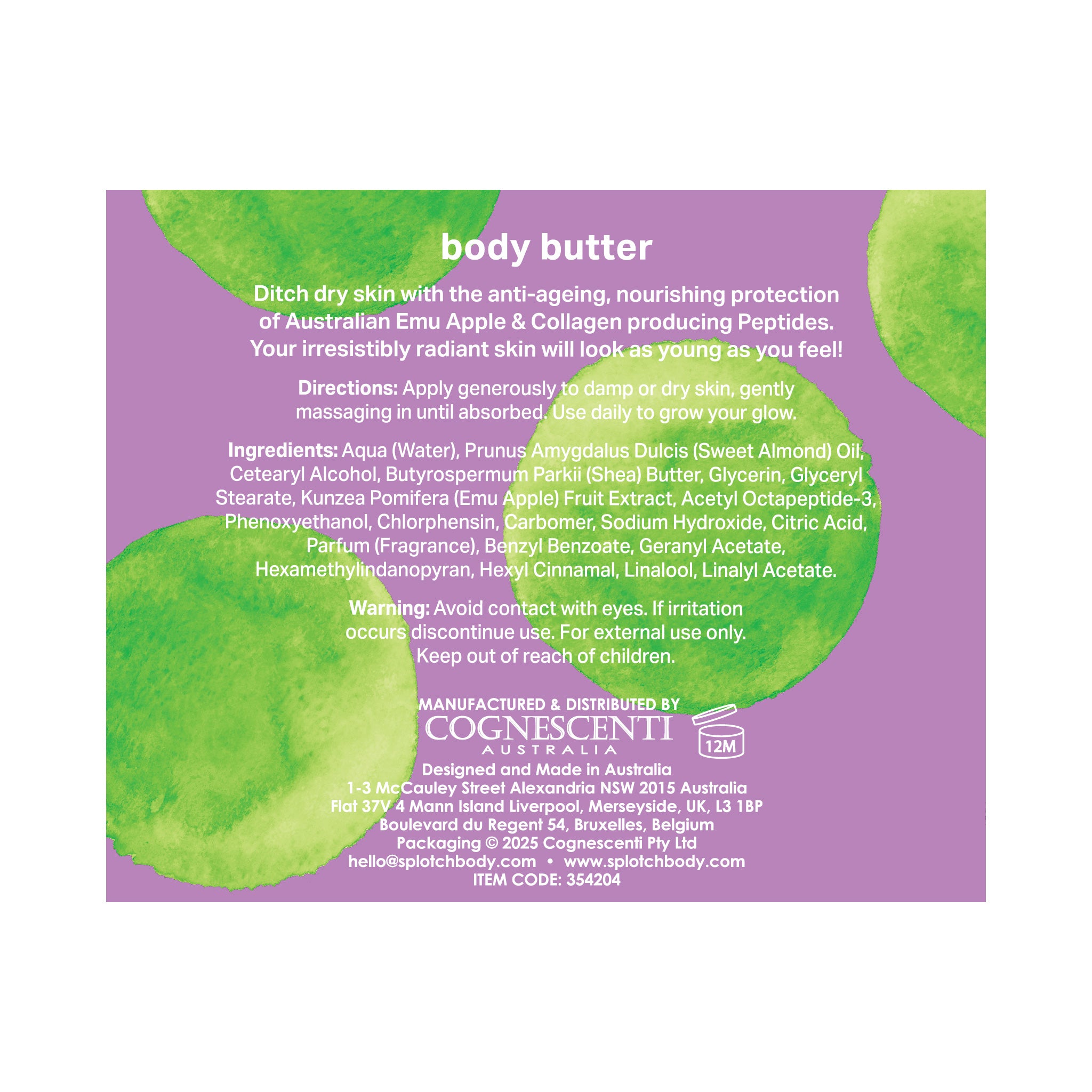 Back label of a body butter product. Text describes its benefits (anti-ageing, nourishing, radiant skin), directions for use (apply to damp or dry skin daily), ingredients (including Sweet Almond Oil, Shea Butter, Australian Emu Apple & Collagen producing Peptides), and warnings. The background is white with large, blurry green watercolor shapes.