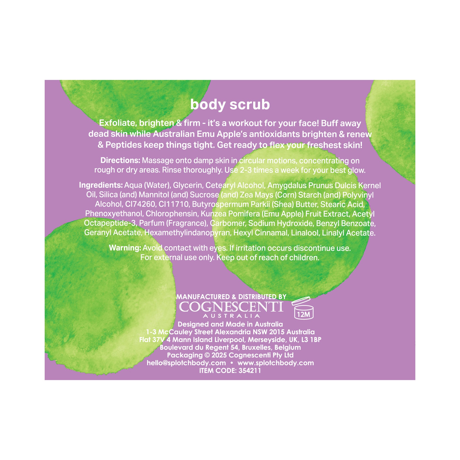 Front view of a SPLOTCH BODY Emu Apple & Peptides Body Scrub. It comes in a purple tub with a matching lid and has green watercolor-style splotches on the label. The label reads 'SPLOTCH BODY', 'EMU APPLE & PEPTIDES', 'glow getter... body scrub', and 'exfoliate & firm', with 'Net Wt 200g 7.05 oz' at the bottom.